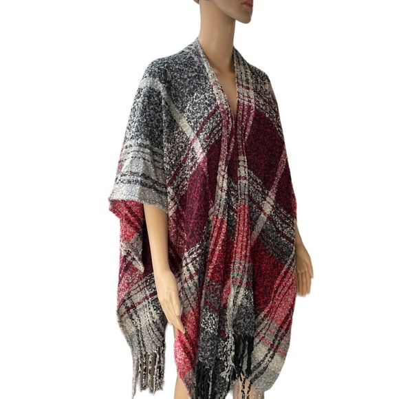 Woolrich red black plaid tunic shrug Fringe one size - Picture 3 of 6